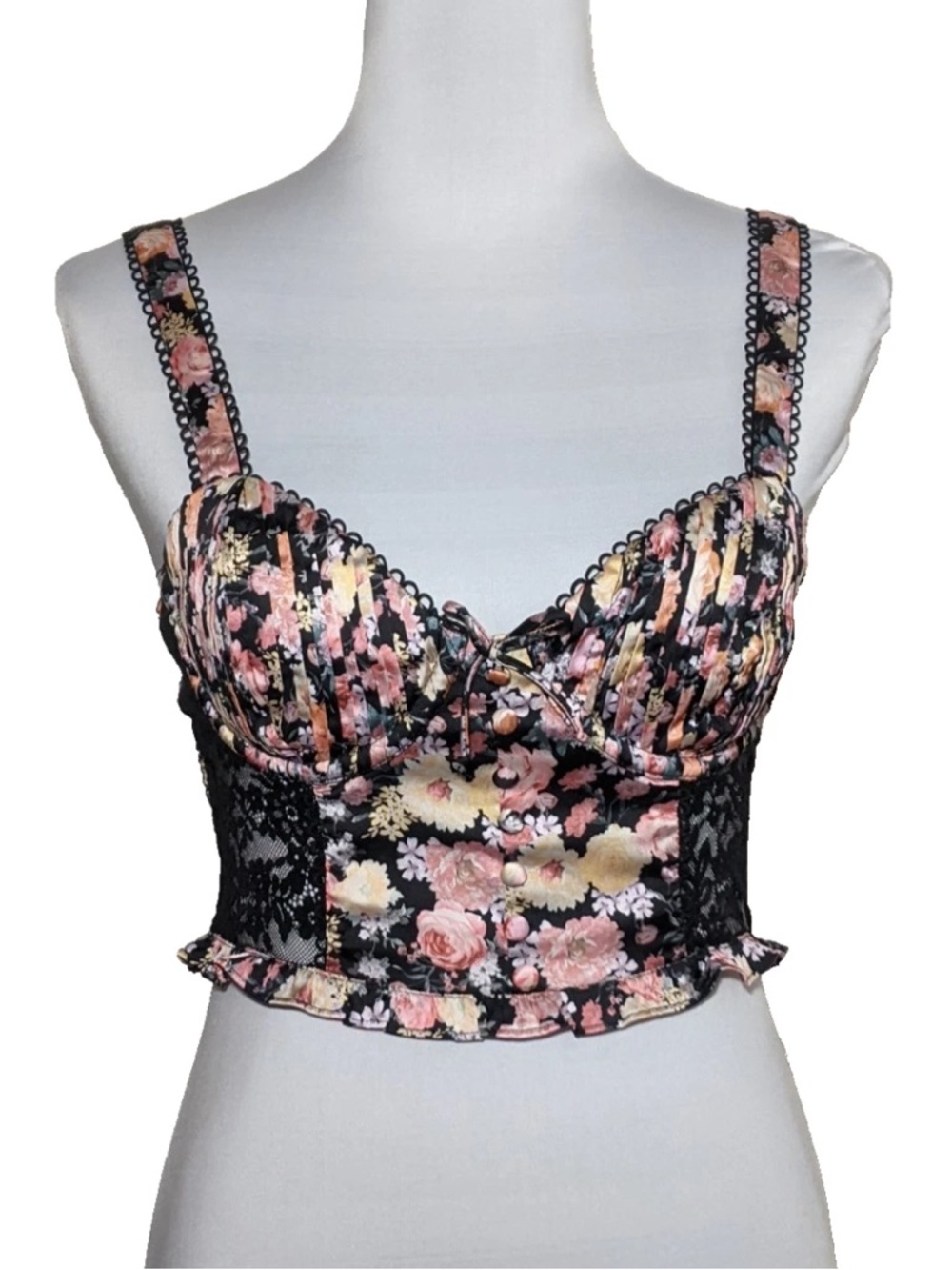 For Love & Lemons Floral Lace Bustier Crop Top Black Pink Floral Festival